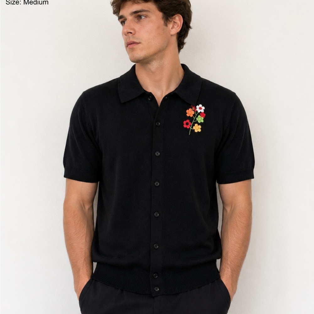 OXKNIT 100% cotton Black Short-Sleeve Button-Down Shirt Floral Accent M